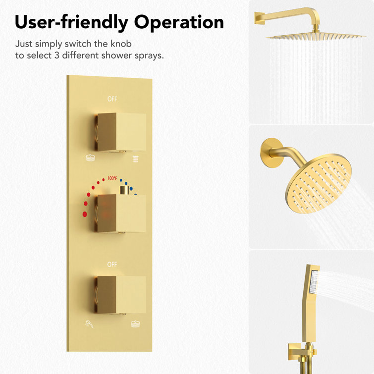 Gold Thermostatic 12" Triple Showerhead System with Handheld
