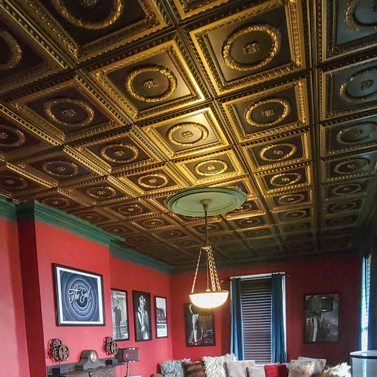 Antique Brass and Black PVC Decorative Ceiling Tile, 24" x 24"