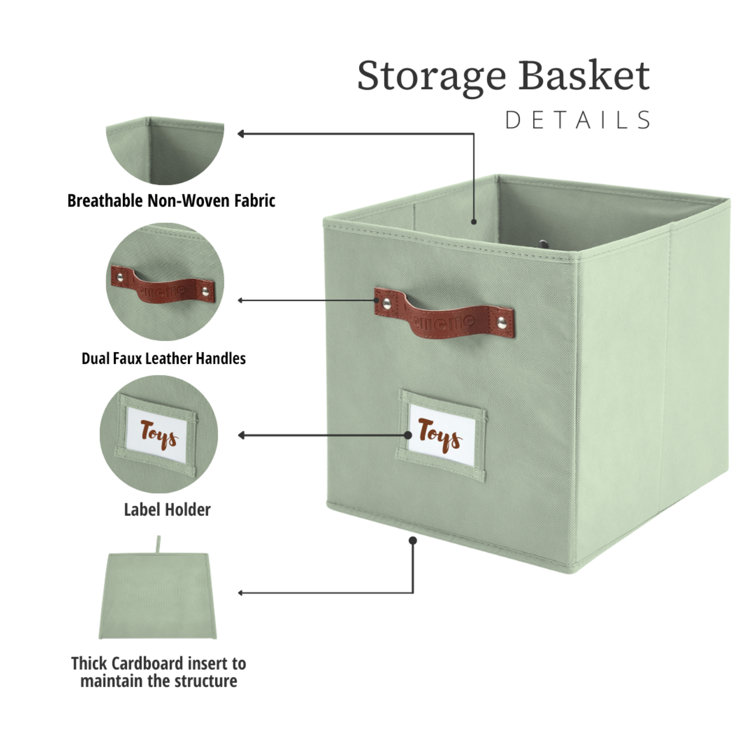 Green Fabric Stackable Cube Storage Bins with Handles, Set of 6