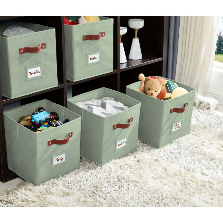 Green Fabric Stackable Cube Storage Bins with Handles, Set of 6
