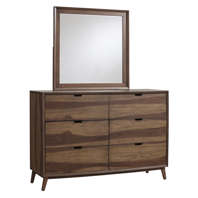 Mid-Century Modern Brown Double Dresser with Mirror