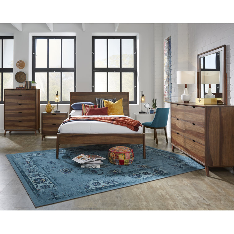 Mid-Century Modern Brown Wood Queen Panel Bed