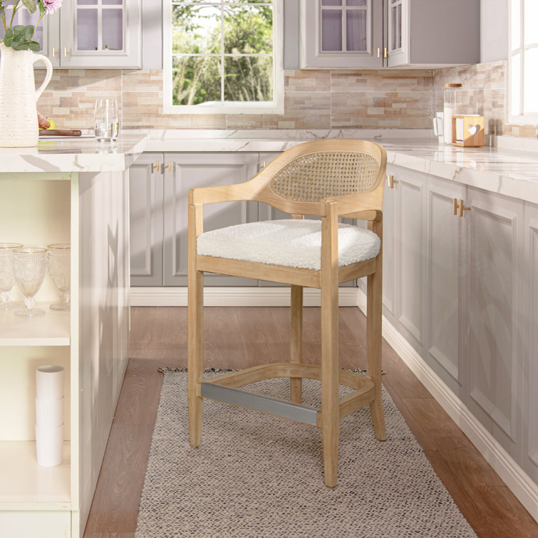 Ivory Boucle Upholstered Solid Wood Counter Stool with Cane Back