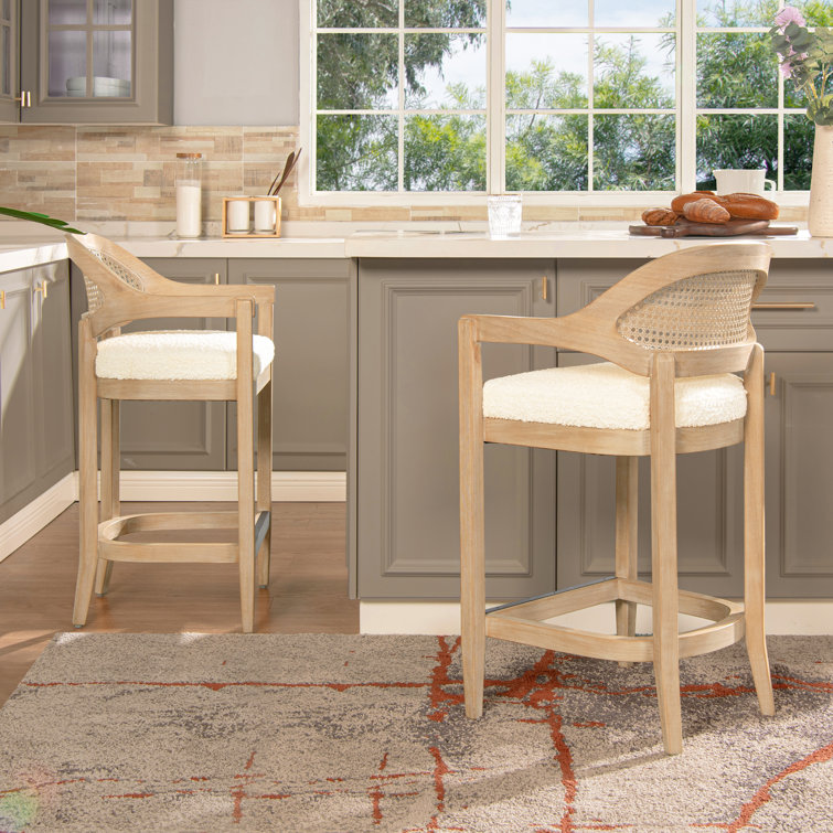 Ivory Boucle Upholstered Solid Wood Counter Stool with Cane Back