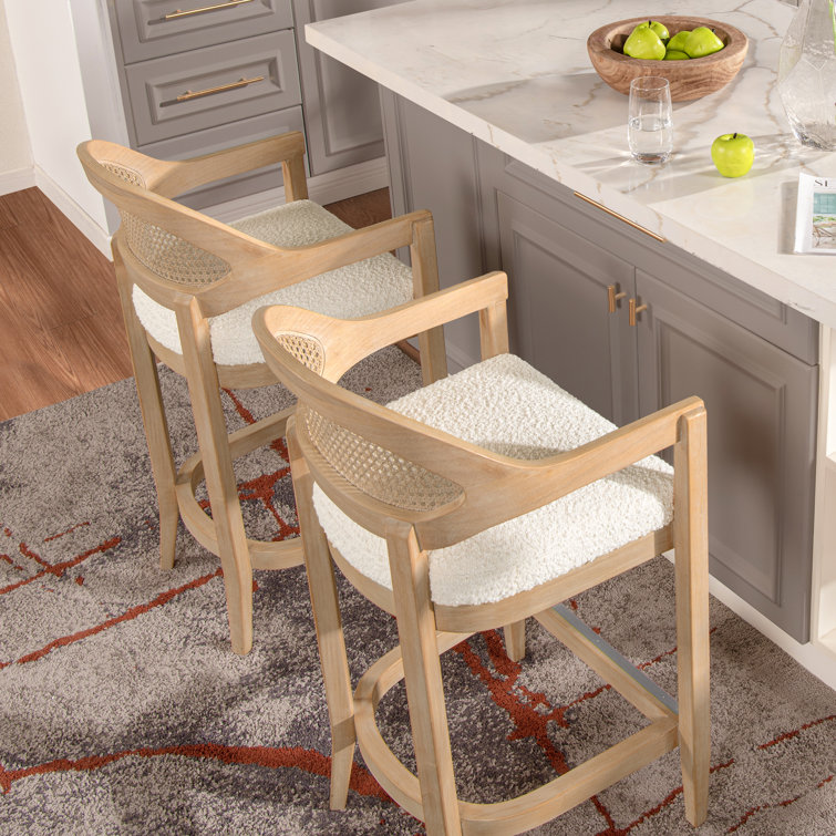 Ivory Boucle Upholstered Solid Wood Counter Stool with Cane Back