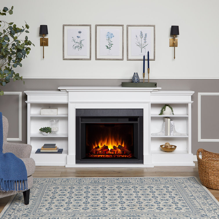 Ashton White Wood Electric Fireplace TV Stand with Shelves