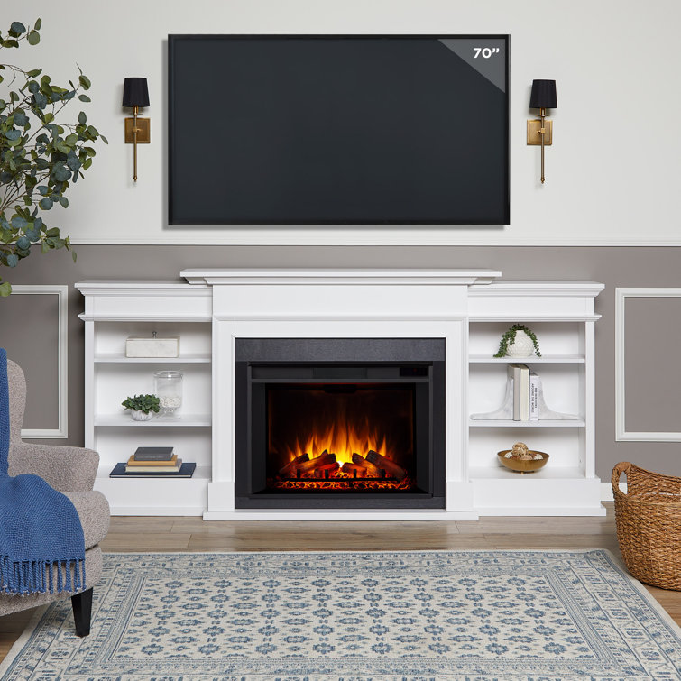 Ashton White Wood Electric Fireplace TV Stand with Shelves