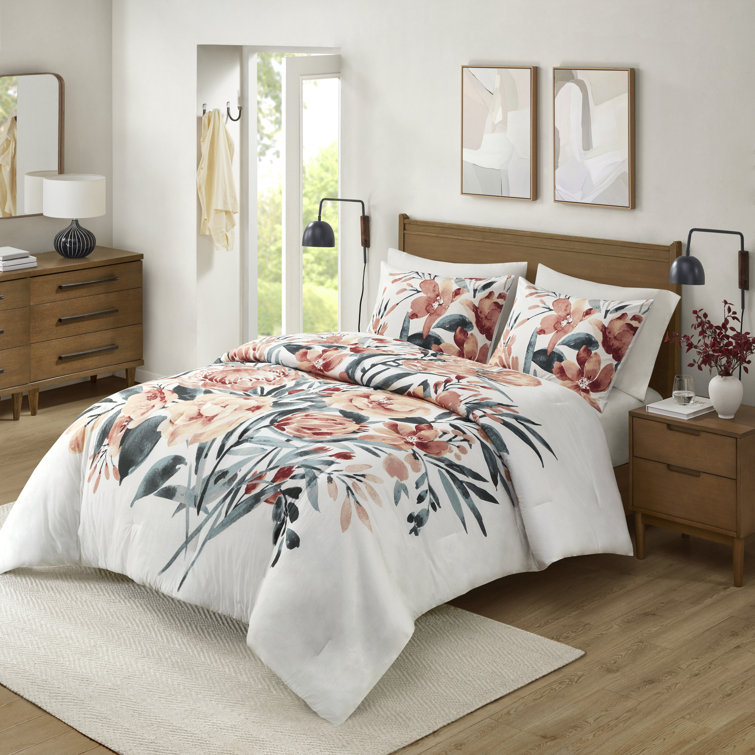 King Red Cotton Floral Comforter Set with Shams
