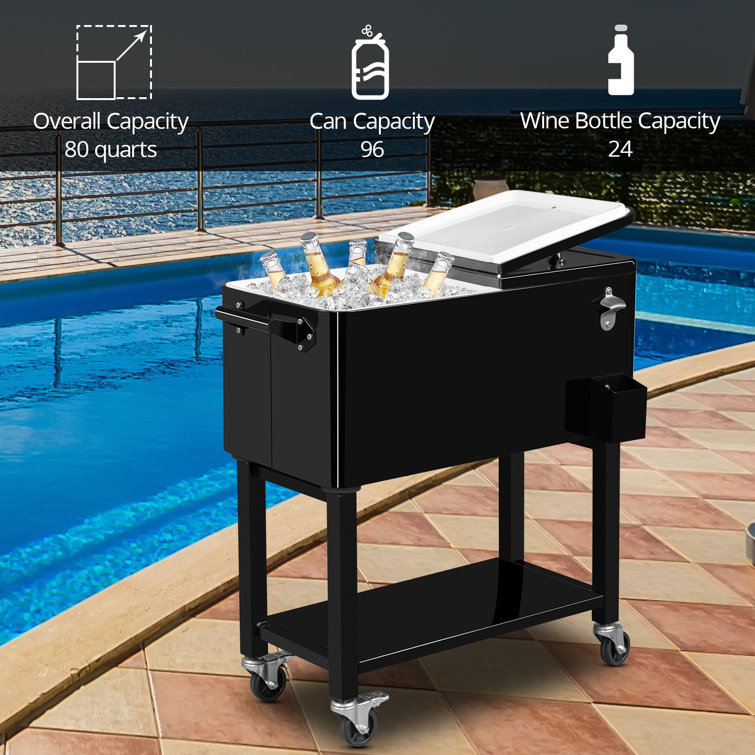 Black Metal 80 Qt. Outdoor Rolling Cooler Cart with Detached Lid
