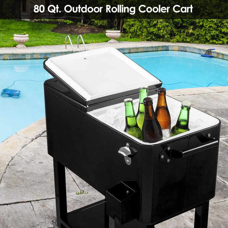Black Metal 80 Qt. Outdoor Rolling Cooler Cart with Detached Lid