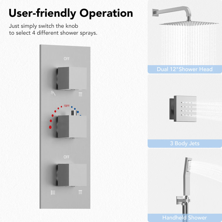 Brushed Nickel Dual 12" Rainfall Shower System with Handheld and Jets