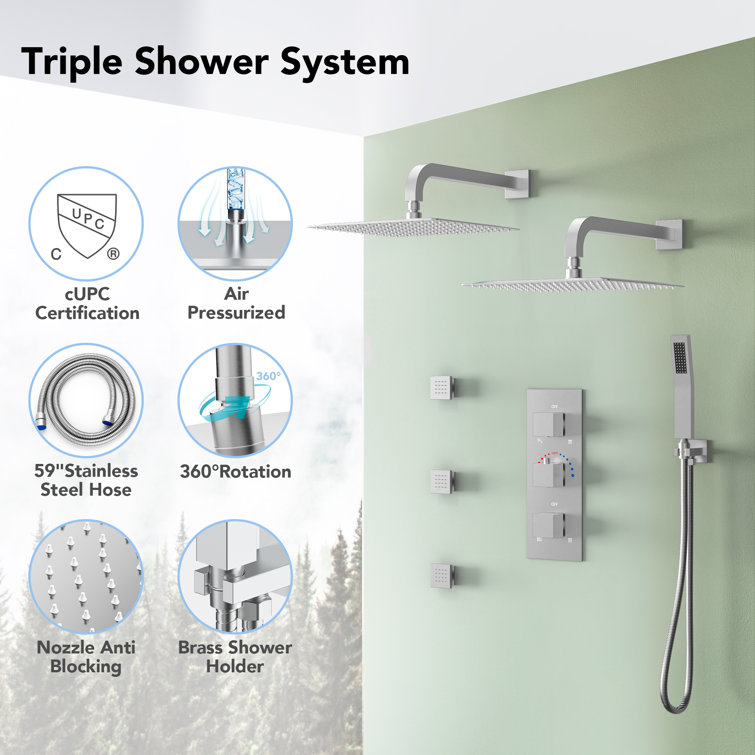 Brushed Nickel Dual 12" Rainfall Shower System with Handheld and Jets