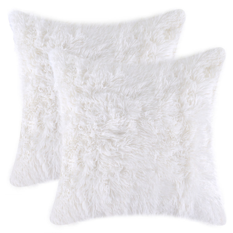 White Faux Fur Square Pillow Covers with Tassels, 20" x 20", Set of 2