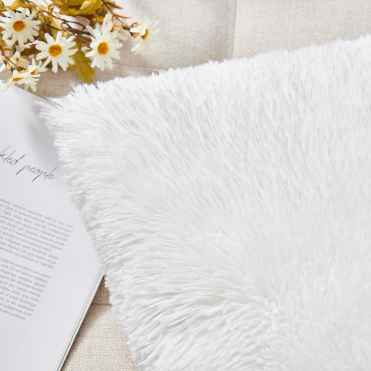 White Faux Fur Square Pillow Covers with Tassels, 20" x 20", Set of 2