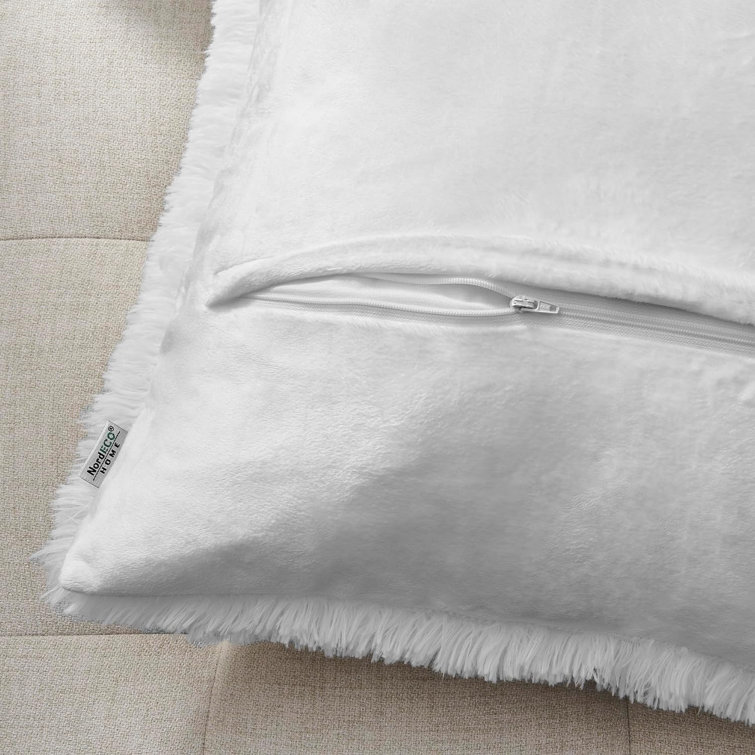 White Faux Fur Square Pillow Covers with Tassels, 20" x 20", Set of 2