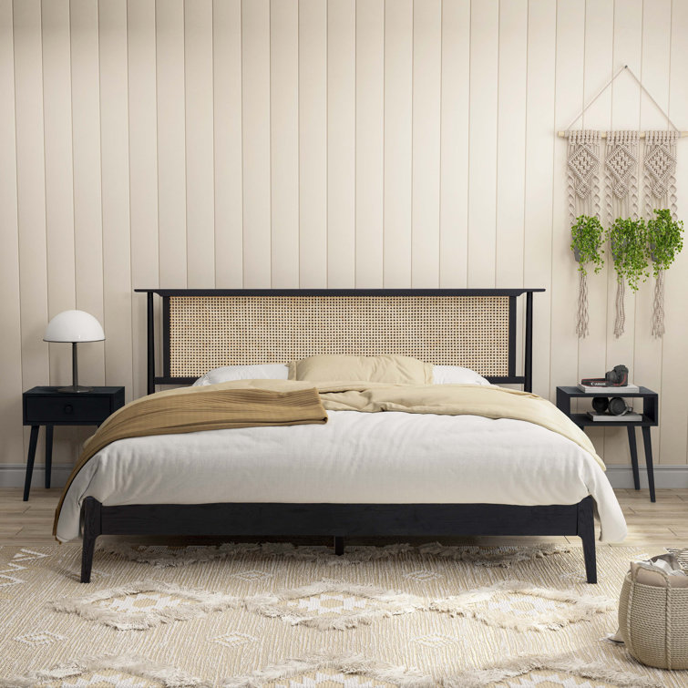 Burnt Black Oak Queen Bed Frame with Rattan Headboard