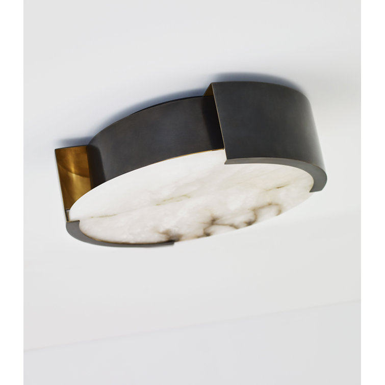 Elegant Alabaster and Bronze 14" Drum Flush Mount Ceiling Light