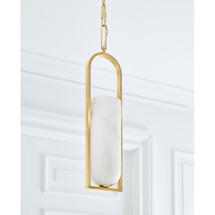 Antique-Burnished Brass Elongated Pendant Light with Alabaster Glass Shade