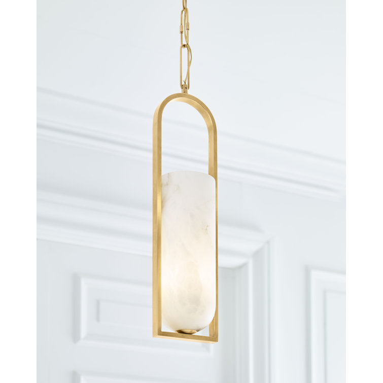 Antique-Burnished Brass Elongated Pendant Light with Alabaster Glass Shade