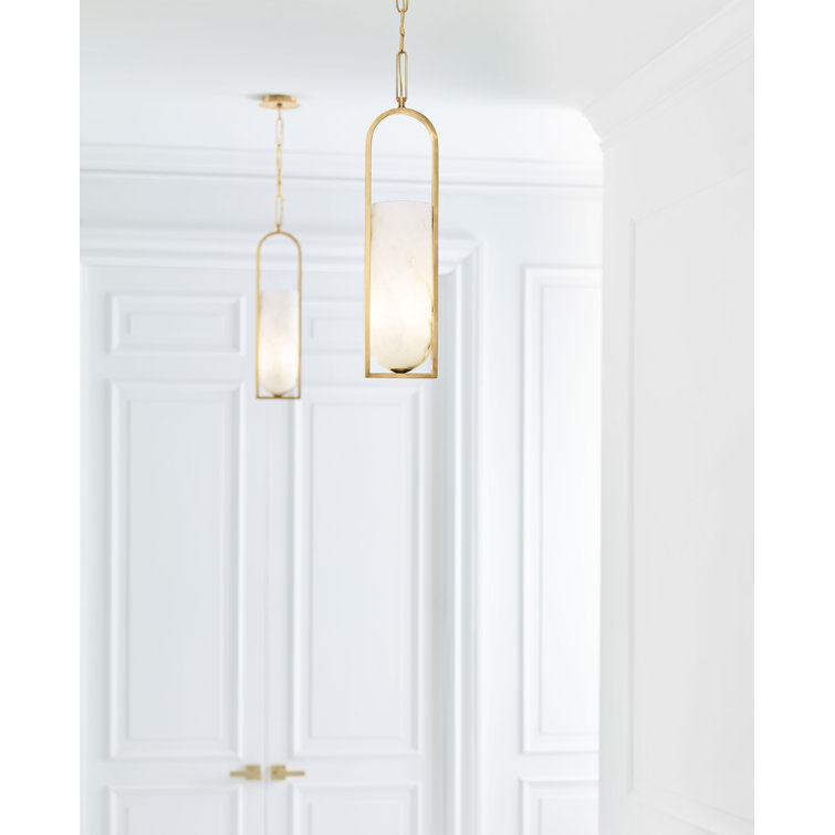 Antique-Burnished Brass Elongated Pendant Light with Alabaster Glass Shade