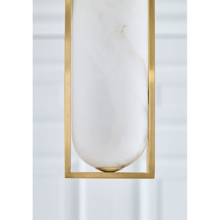 Antique-Burnished Brass Elongated Pendant Light with Alabaster Glass Shade
