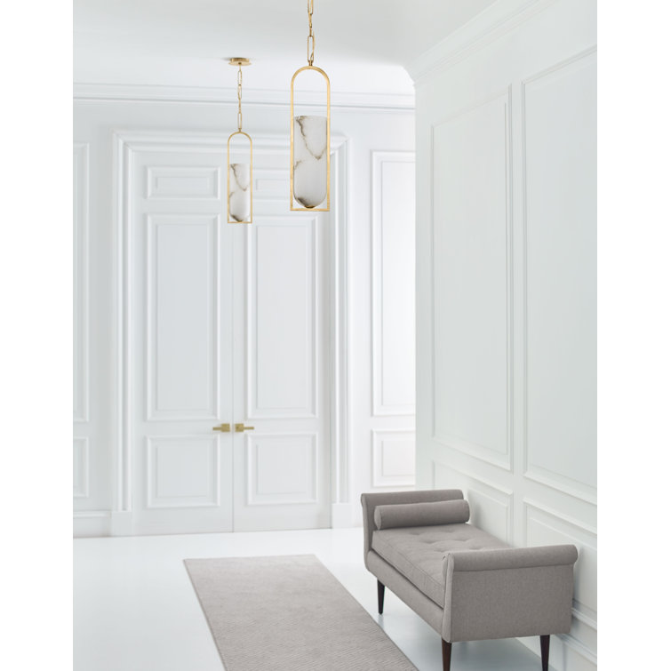 Antique-Burnished Brass Elongated Pendant Light with Alabaster Glass Shade