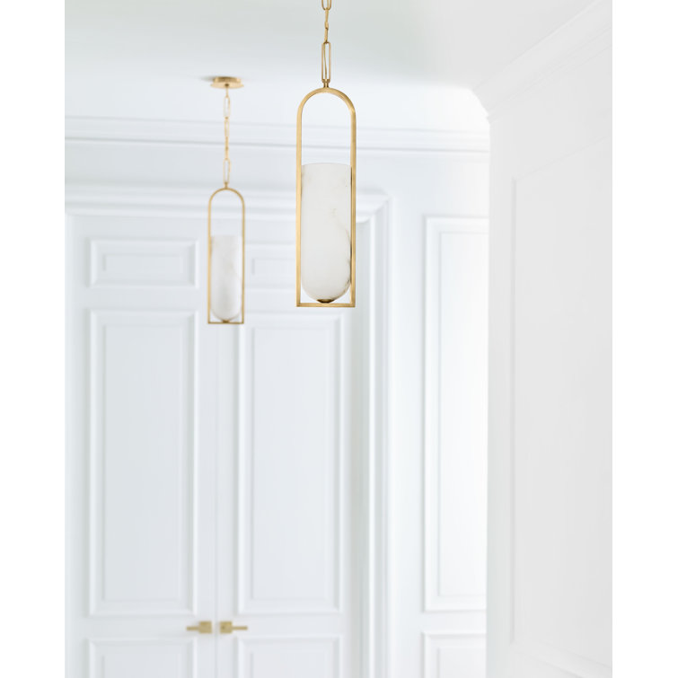 Antique-Burnished Brass Elongated Pendant Light with Alabaster Glass Shade