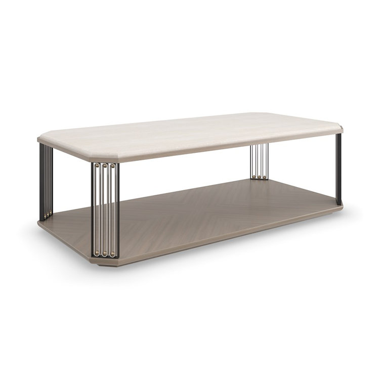 Beige and Gold Rectangular Marble and Wood Cocktail Table