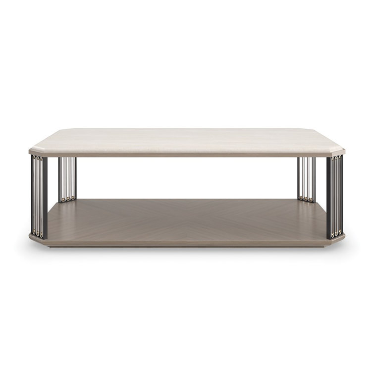 Beige and Gold Rectangular Marble and Wood Cocktail Table