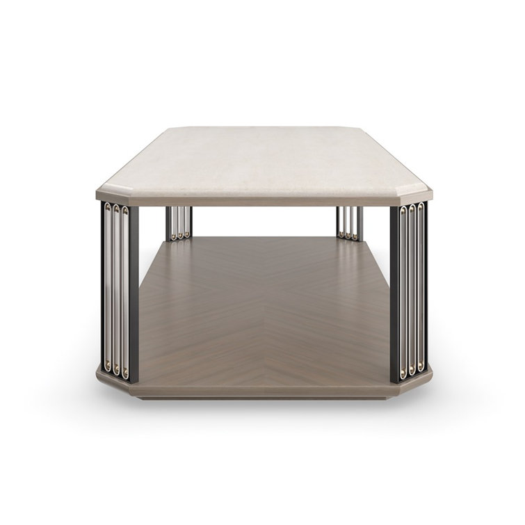 Beige and Gold Rectangular Marble and Wood Cocktail Table