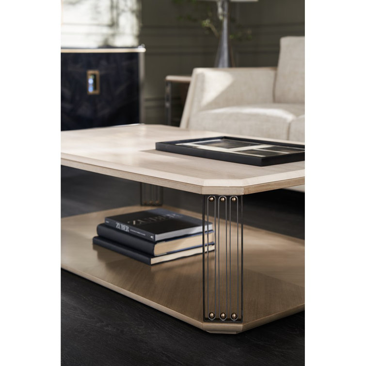 Beige and Gold Rectangular Marble and Wood Cocktail Table