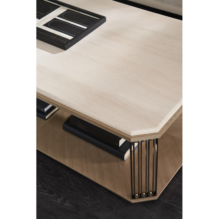 Beige and Gold Rectangular Marble and Wood Cocktail Table