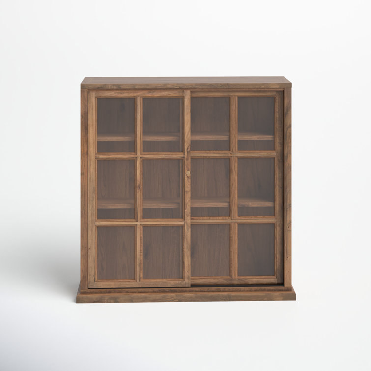 Transitional Oak 3-Tier 38" Bookcase with Sliding Glass Doors