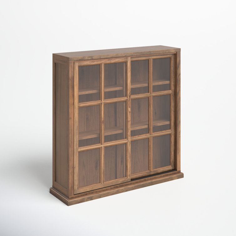 Transitional Oak 3-Tier 38" Bookcase with Sliding Glass Doors