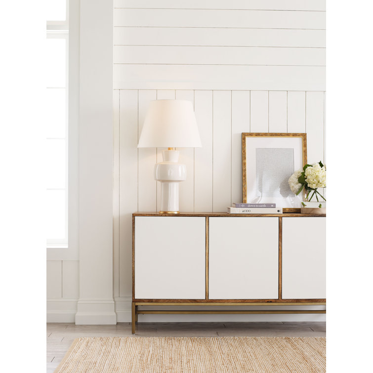 Ivory Ceramic Adjustable Outdoor Table Lamp with Wooden Shade