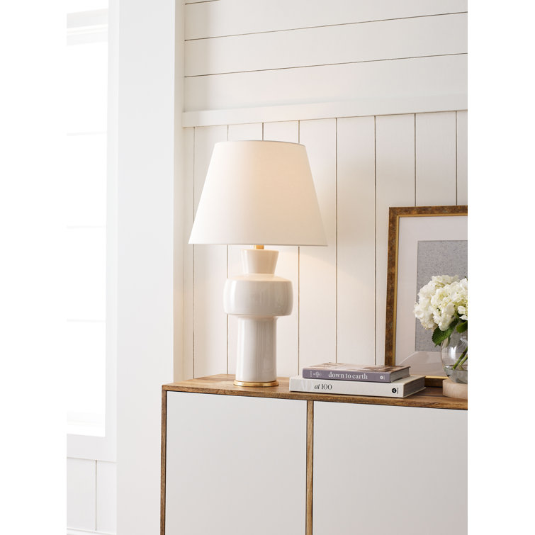 Ivory Ceramic Adjustable Outdoor Table Lamp with Wooden Shade