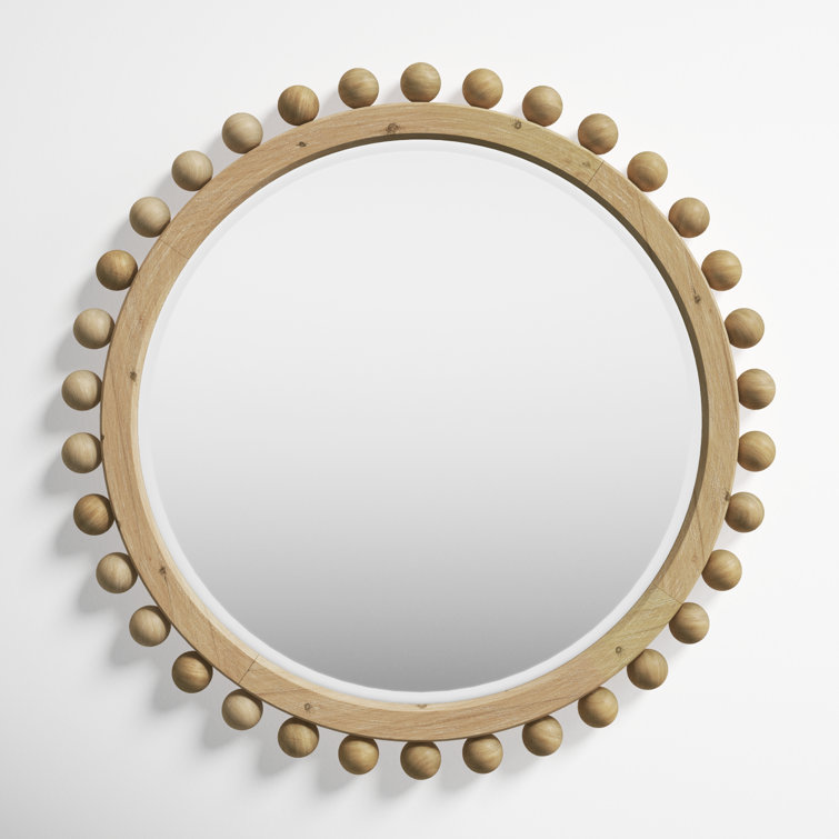 Orion Round Light Wood Mirror with Gold Ornamental Beads