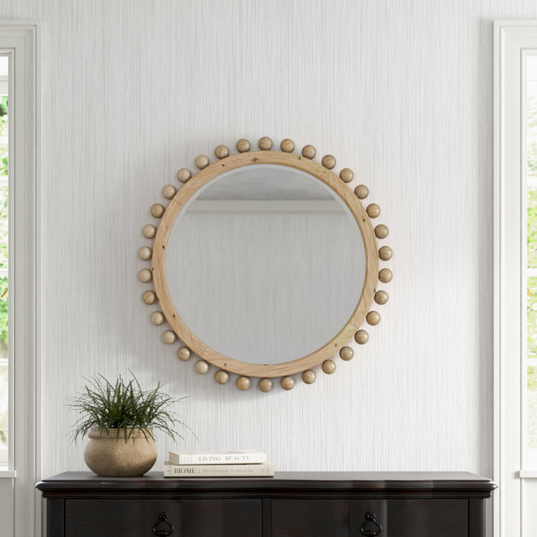 Orion Round Light Wood Mirror with Gold Ornamental Beads