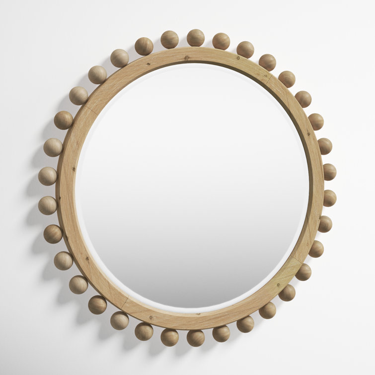 Orion Round Light Wood Mirror with Gold Ornamental Beads