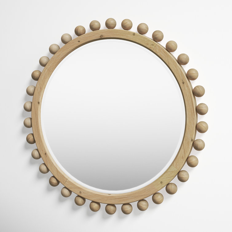 Orion Round Light Wood Mirror with Gold Ornamental Beads
