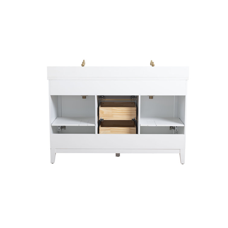 White Poplar Wood Double Bathroom Vanity with Marble Top