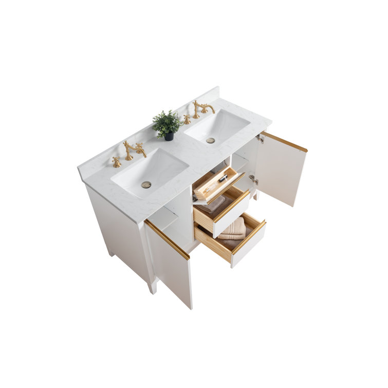 White Poplar Wood Double Bathroom Vanity with Marble Top