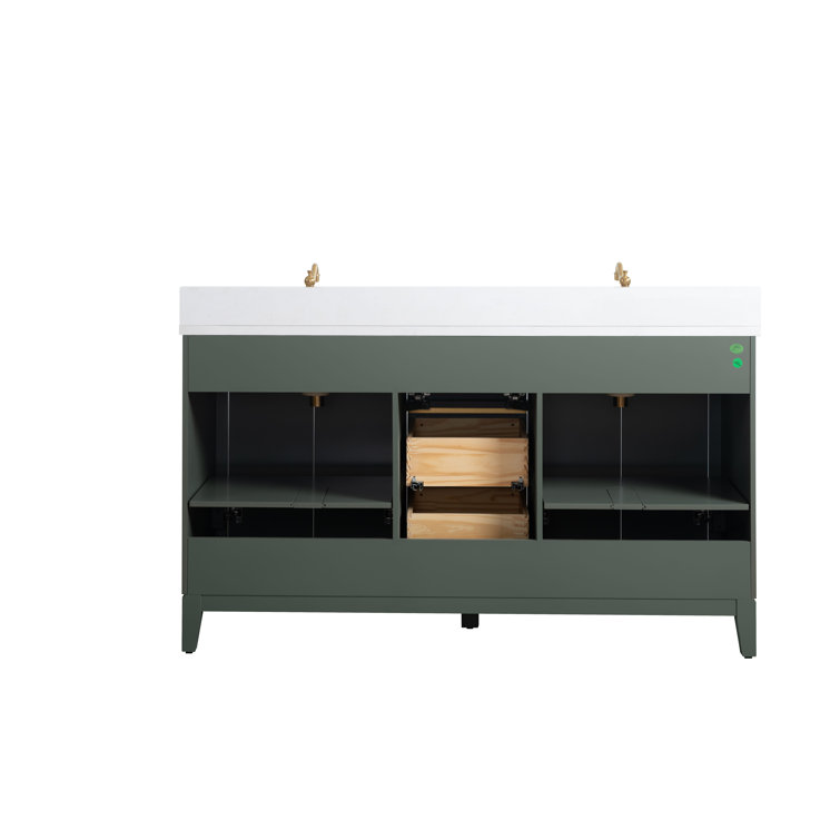60" Vintage Green Double Sink Bathroom Vanity with Engineered Marble Top