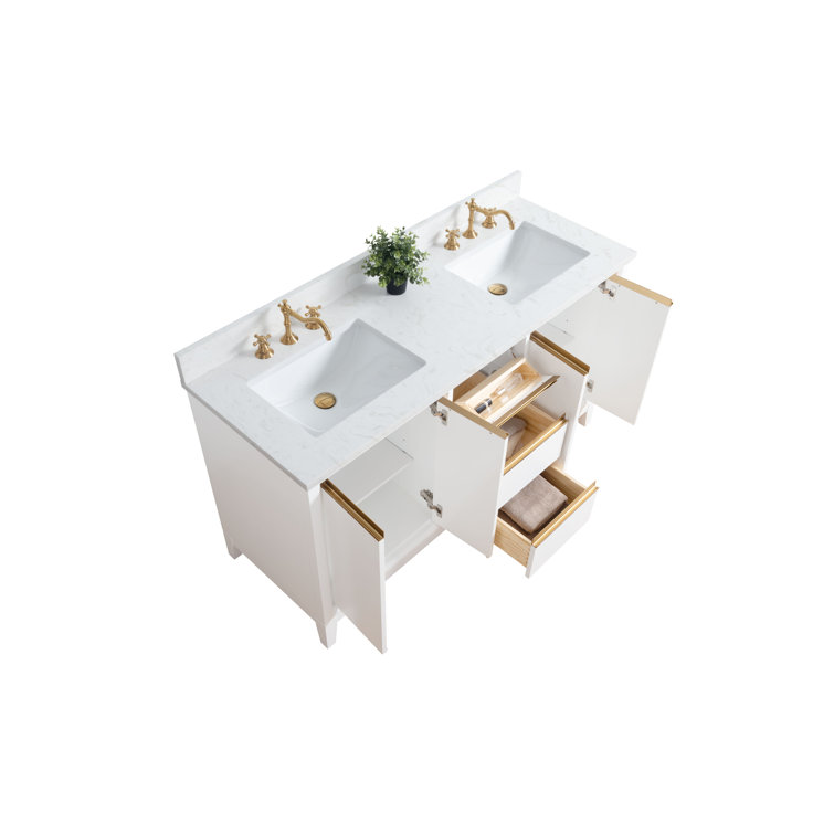 60" White Double Sink Bathroom Vanity with Engineered Marble Top