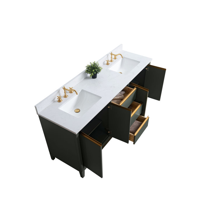 72" Vintage Green Double Sink Bathroom Vanity with Marble Top