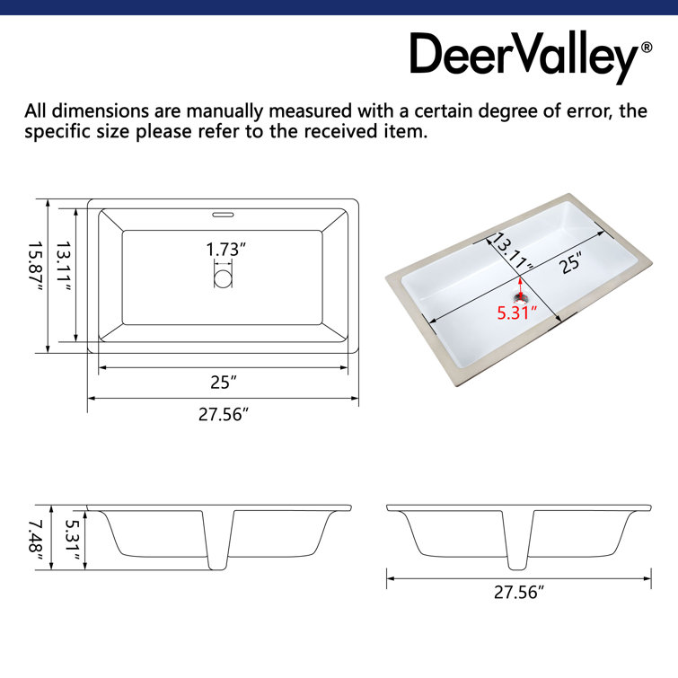 DeerValley 27.56" L x 15.87" W x 7.48" H Rectangular Ceramic Undermount Bathroom Sink with Overflow