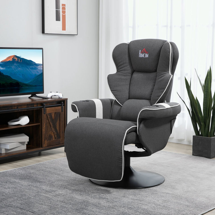 Luxurious 43.75" Black Faux Leather Swivel Recliner with Cup Holders