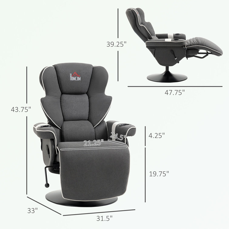 Luxurious 43.75" Black Faux Leather Swivel Recliner with Cup Holders