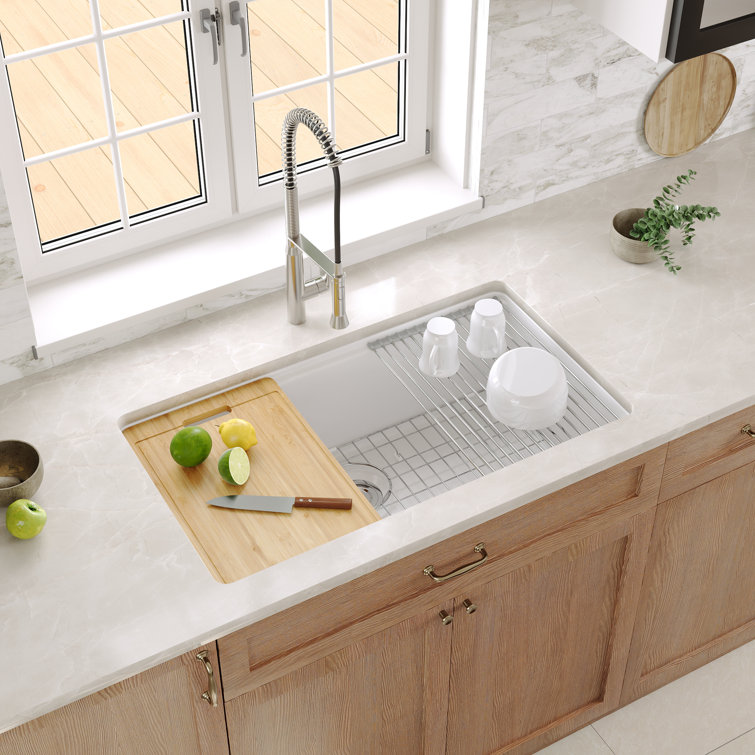 White Fireclay Farmhouse Drop-In Kitchen Sink with Accessories