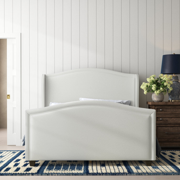 Carmen Antique White Pine King Bed with Upholstered Wingback Headboard